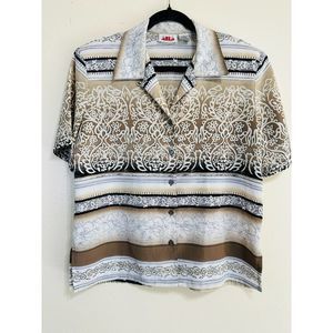 Alia Women's Short Sleeve Button Down Blouse Mandala Design Shoulder Pads Sz 10